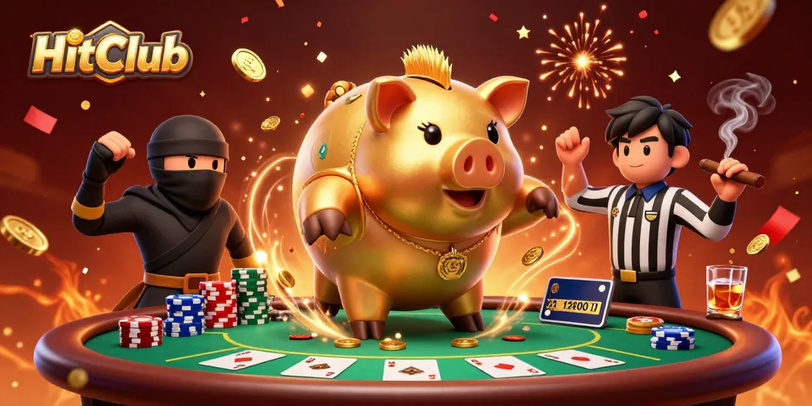 HitClub showcases a piggy bank sumo wrestler celebrating wins with poker elements and dynamic energy.