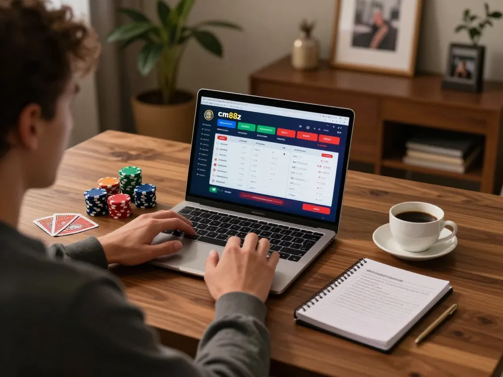 Experience cm88z online gaming with a person focusing on their laptop, revealing strategic bets and responsible gaming.