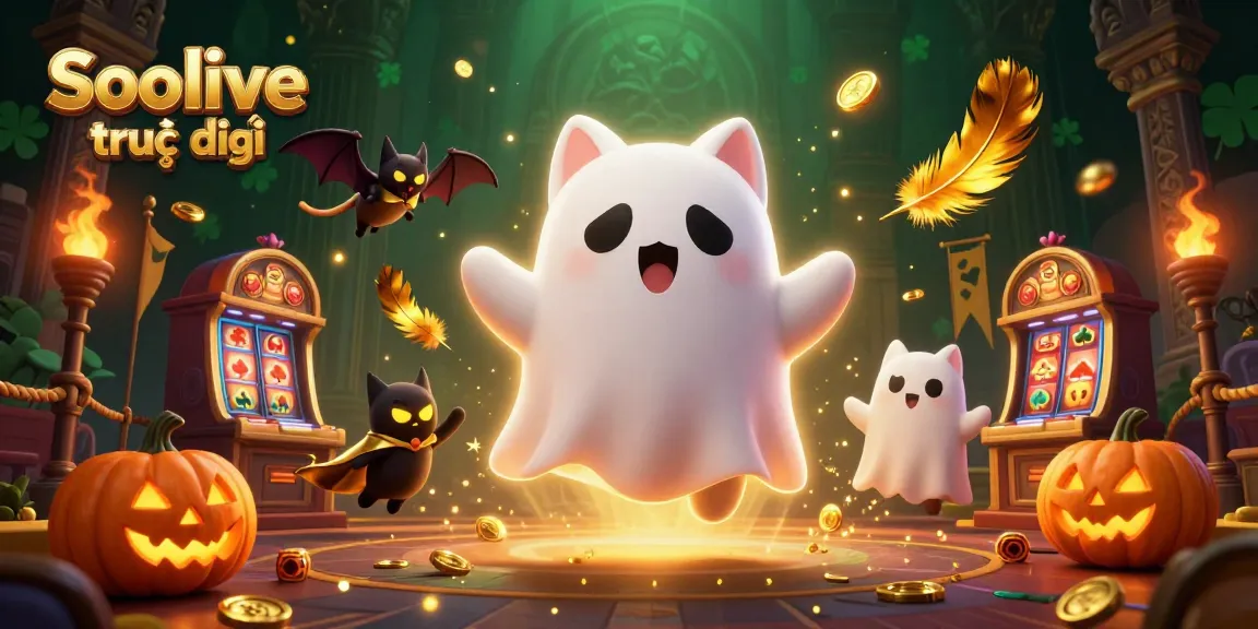 Experience Socolive trực tiếp with vibrant 3D ghost cat gaming amidst an enchanted casino.