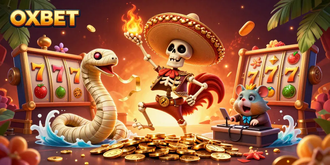 Experience the excitement of OXBET with festive characters celebrating on golden coins amidst vibrant casino elements.