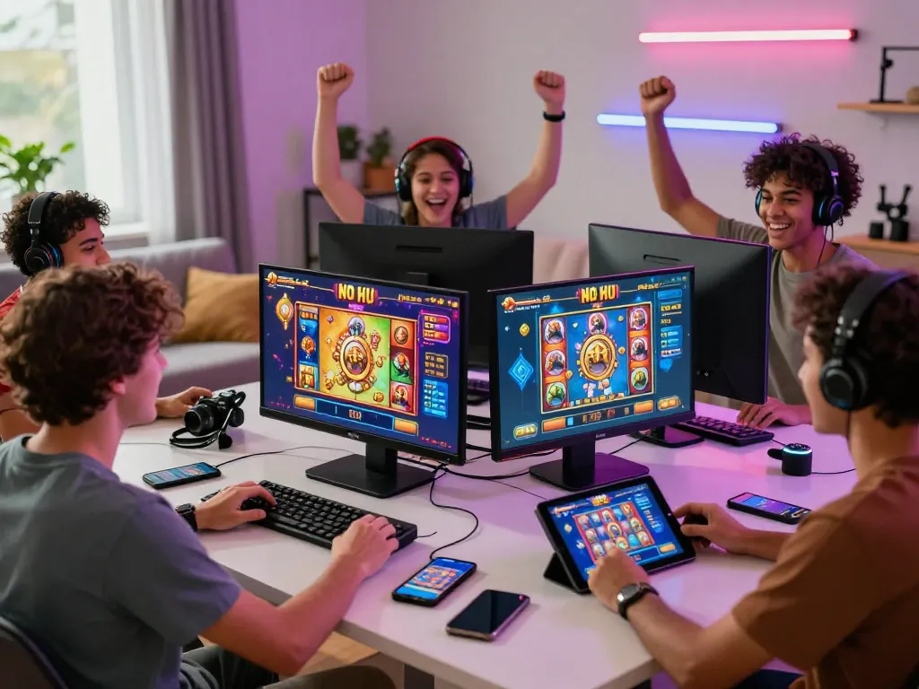 Players immersed in No Hu gaming experience, celebrating wins in a lively and colorful online gaming environment.