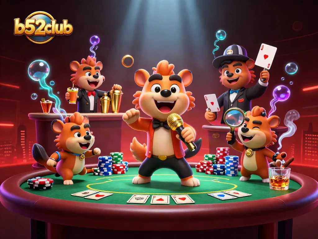 Experience the excitement at b52club with lively hyenas running a comedy casino filled with vibrant game elements.