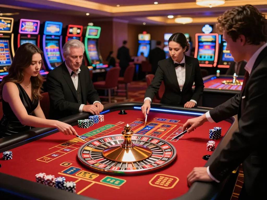 Players enjoying an exhilarating roulette game at GO8 casino, chips stacked and bets placed.