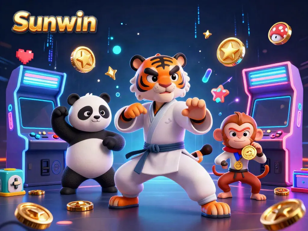 Watch the kung fu tiger master leading in Sunwin casino games, surrounded by vibrant arcade elements.