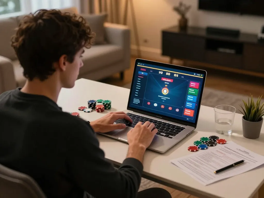 Pemain menikmati permainan poker online di gg999, menampilkan permainan strategis dengan ekspresi fokus
