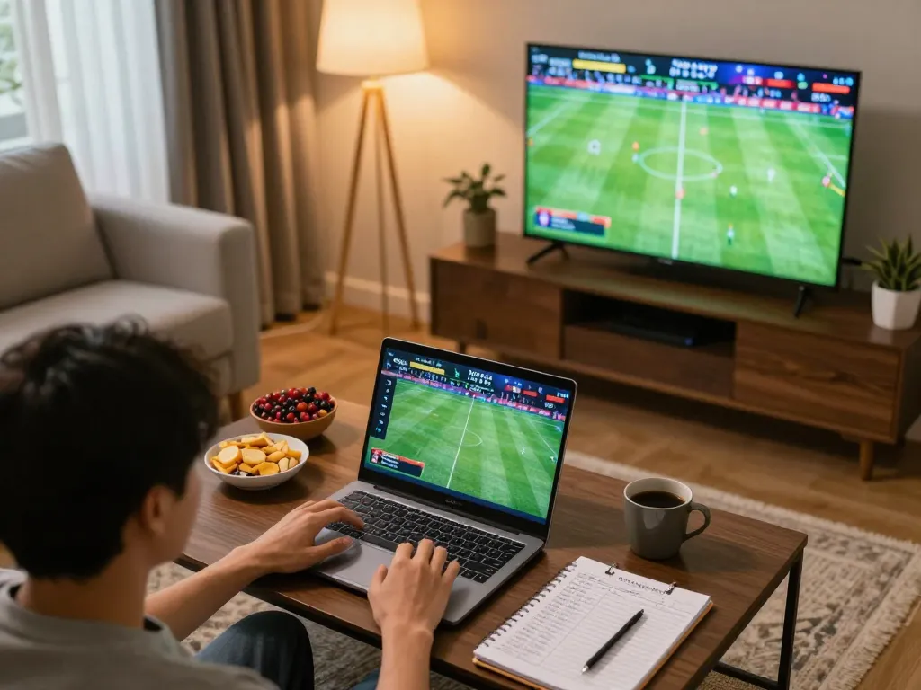 xôi lạc tv sports betting experience on a laptop in a cozy living room setting with snacks and strategies