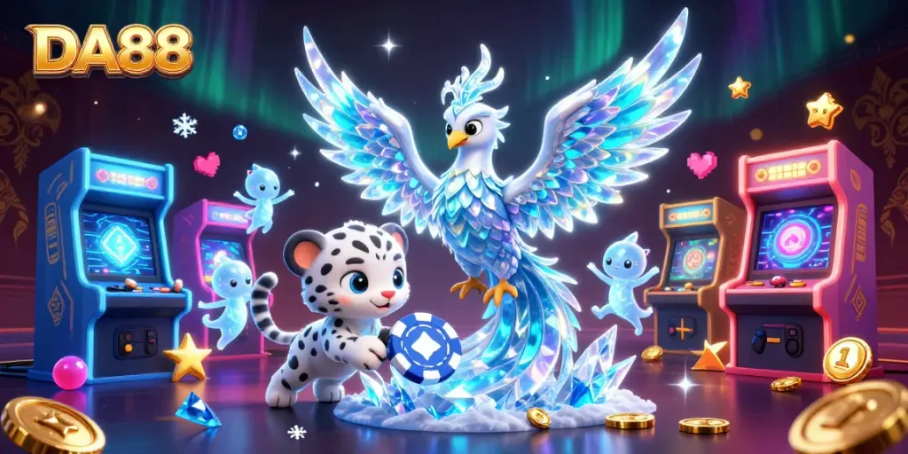 Engage with the DA88 casino experience, showcasing vibrant characters and dynamic gaming elements.