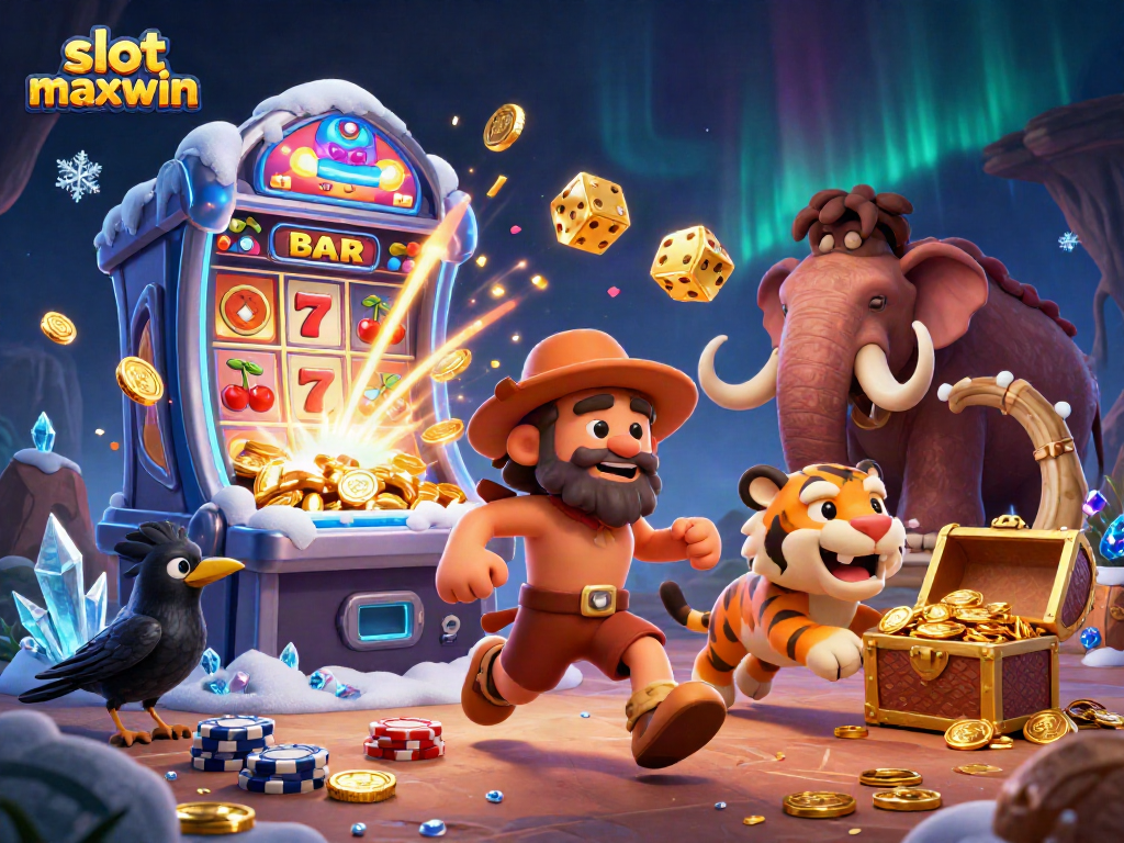 Experience the excitement of slot maxwin with a prehistoric casino scene featuring a caveman duo and a crow!