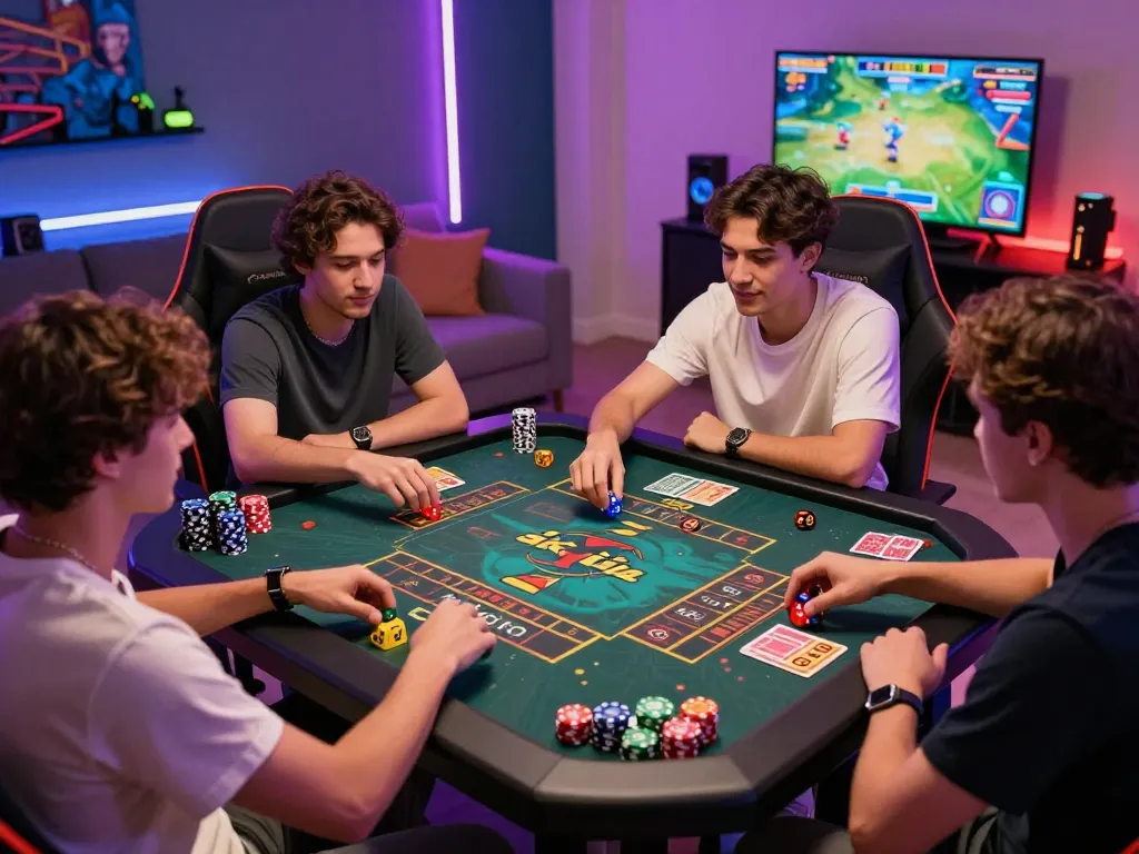 Engaging scene of friends playing tài xỉu sunwin in a modern gaming setup, showcasing excitement and camaraderie.