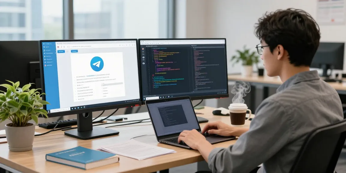 Seamless tech environment highlighting Telegram Chinese interface setup with dual monitors and coding atmosphere.