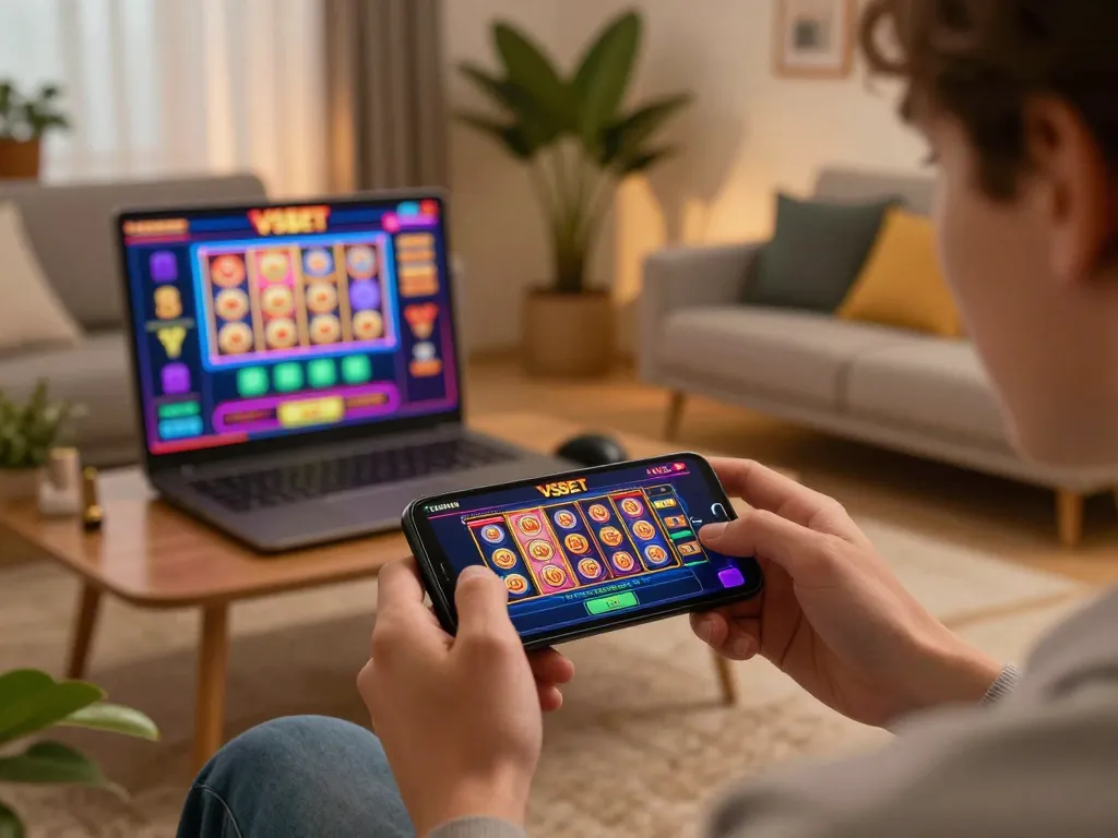 Person enjoying VSBET mobile gaming in a cozy living room with vibrant app graphics visible
