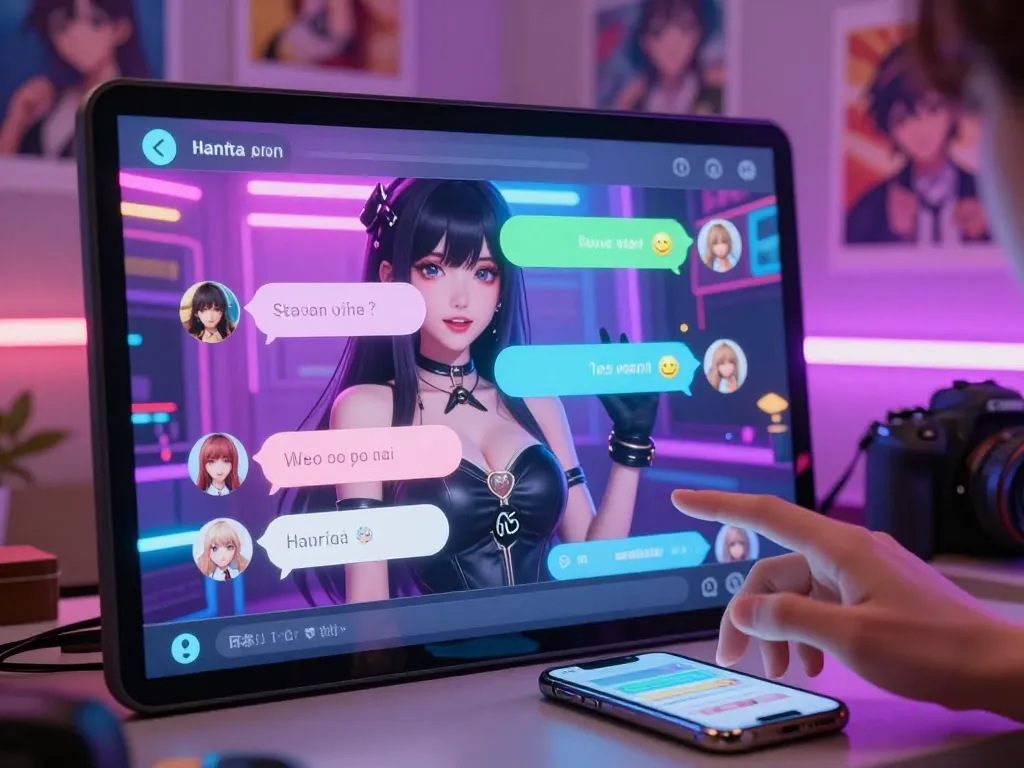 A captivating scene of a hentai AI chat with a vibrant anime character interacting playfully, showcasing modern digital engagement.