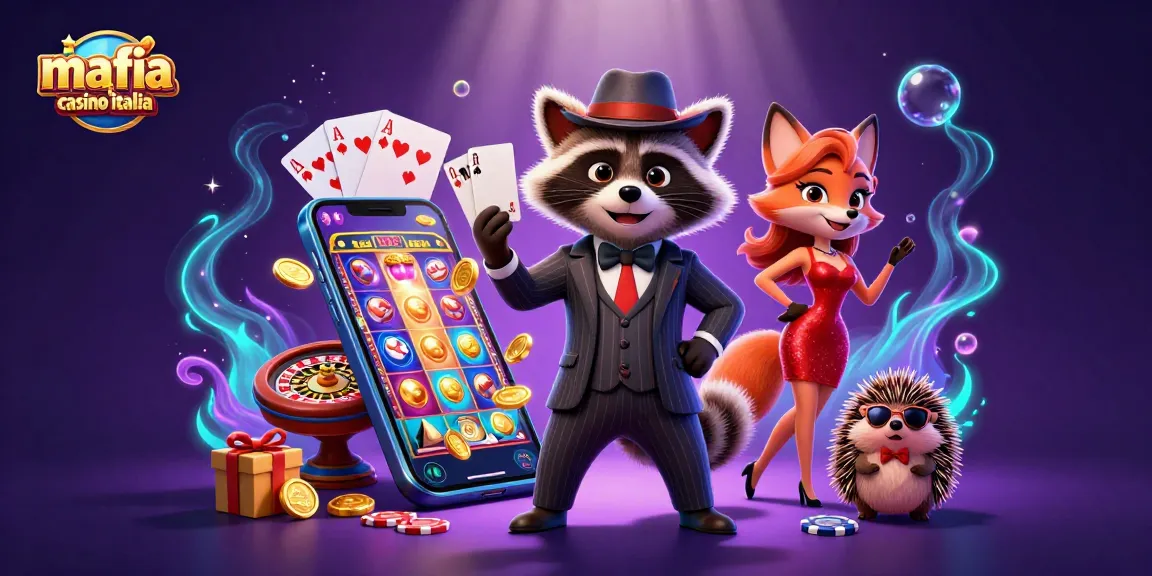 Mafia casino italia scene with charming raccoon and fox, vibrant gaming elements, and casino ambiance.