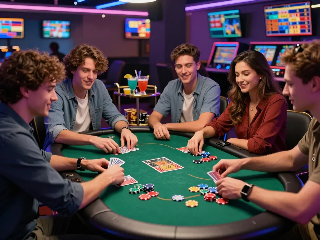 A lively gaming session at https://789clubweb.com/ with friends engaging in card games, colorful chips, and dynamic casino atmosphere.