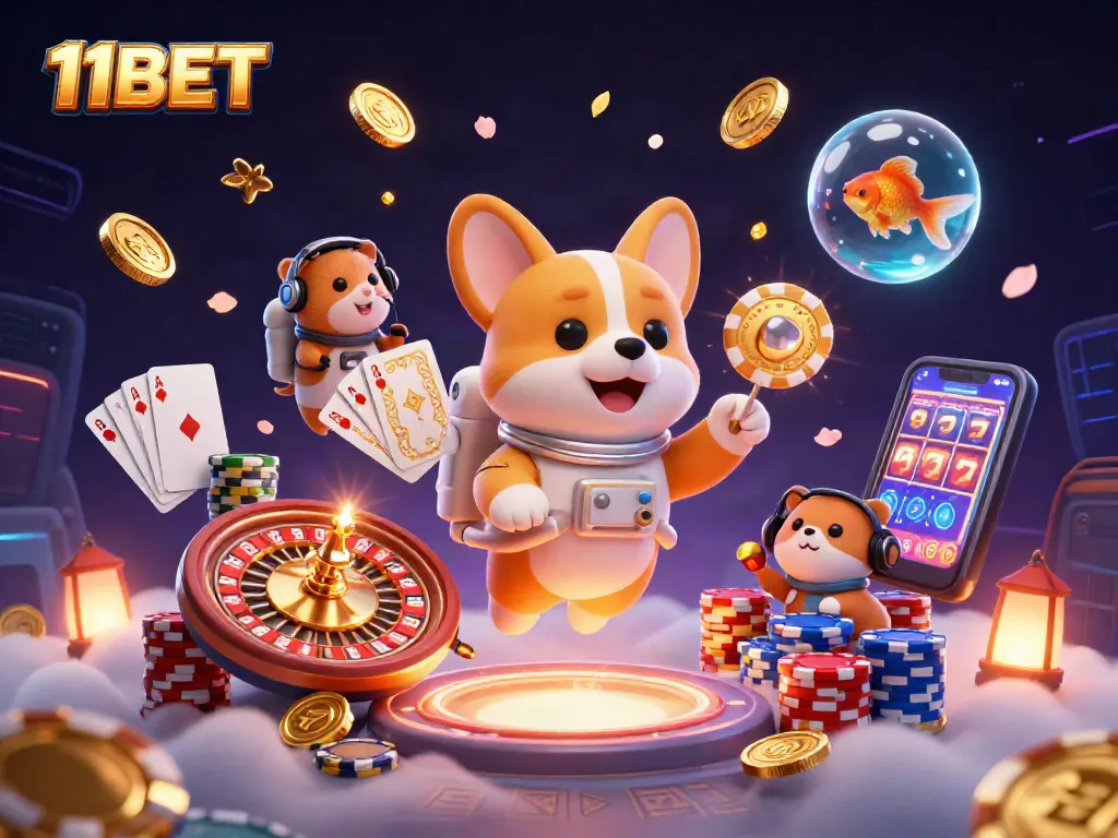 Engage in thrilling games at 11BET with a vibrant and dynamic casino scene illustrating diverse gaming elements.
