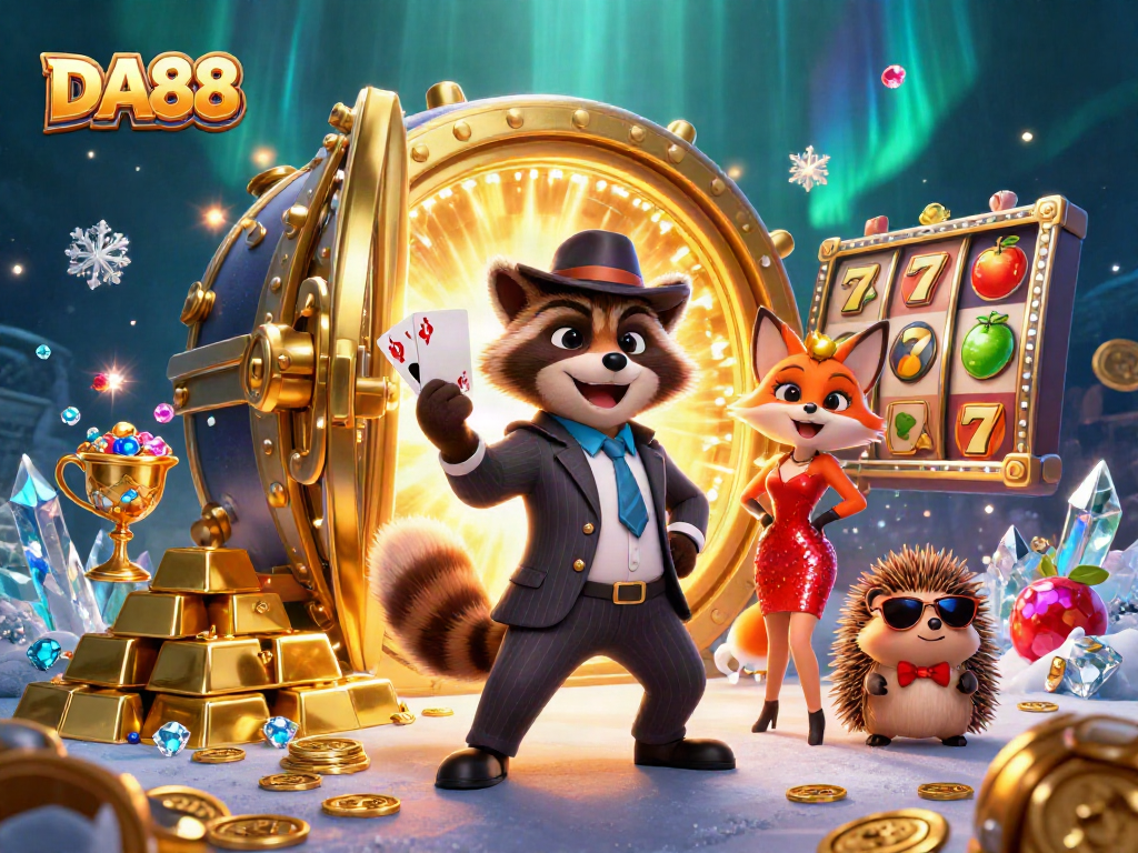 Experience thrilling gameplay at DA88 with a raccoon holding a royal flush, surrounded by casino glamour.