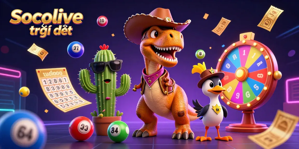 Socolive trực tiếp showcases vibrant lottery elements in a dynamic gaming scene with a cartoon T-Rex and friends.