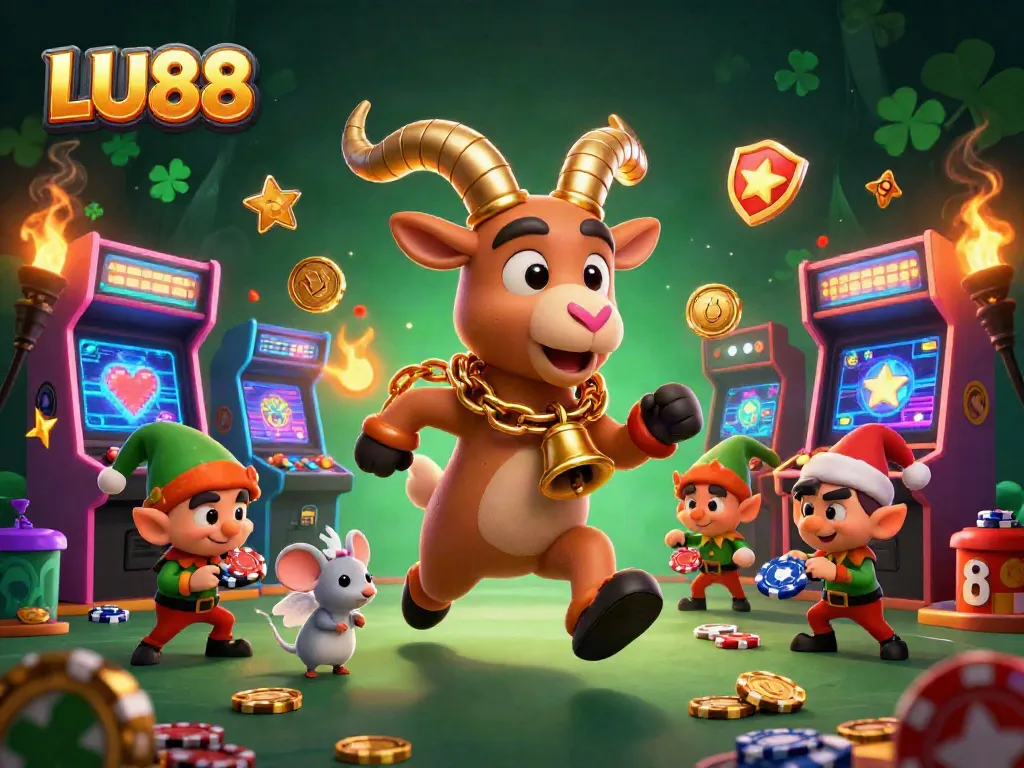 Engage in thrilling gaming at LU88, where mischievous gremlins steal poker chips amidst a festive casino backdrop.