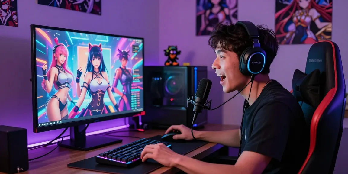 Engaging in ai hentai chat on a vibrant gaming setup with anime characters.