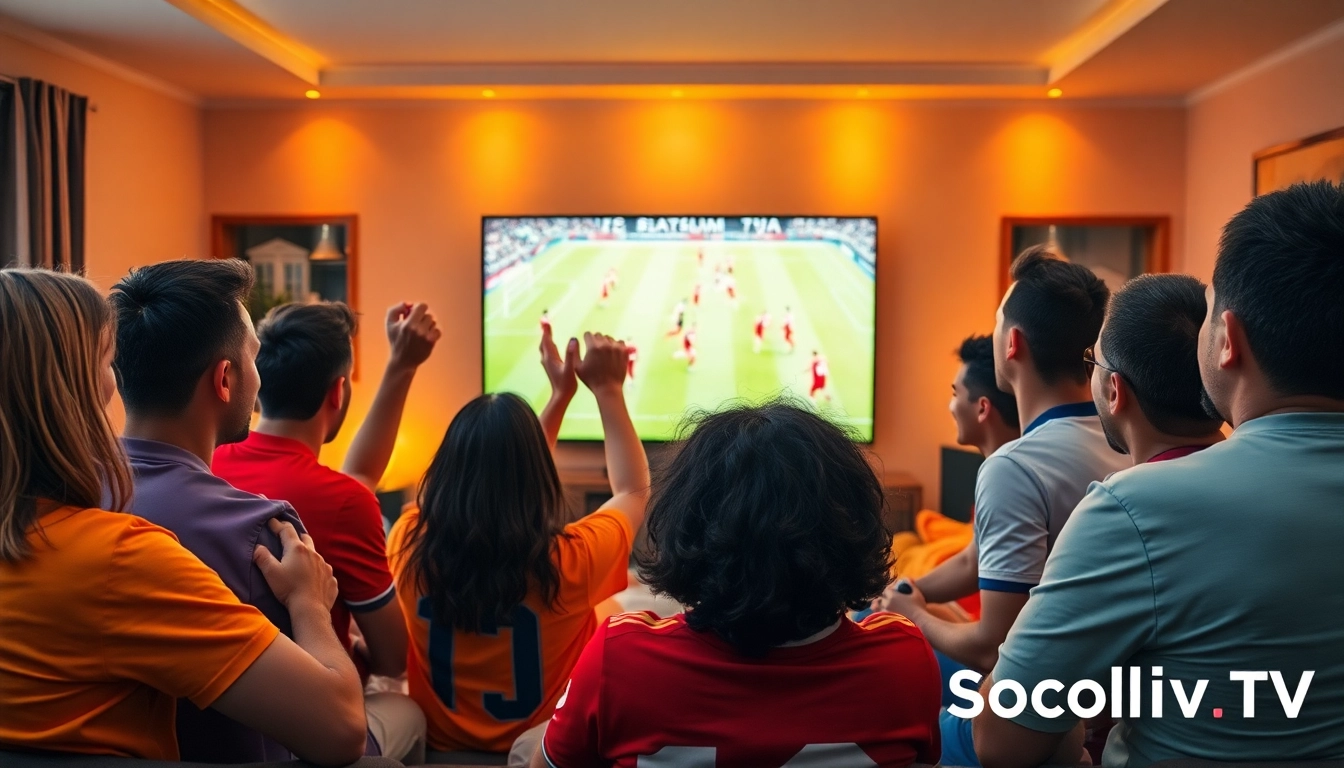 Socolive TV football fans excitedly watching a live match on a big screen in a cozy setting.