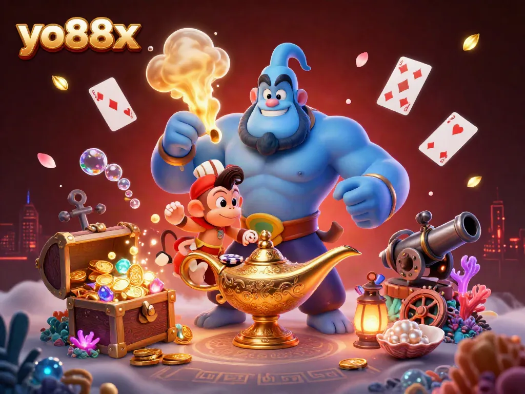 Experience thrilling wins at yo88x with a vibrant fantasy scene of a genie, magic carpet, and poker chips.