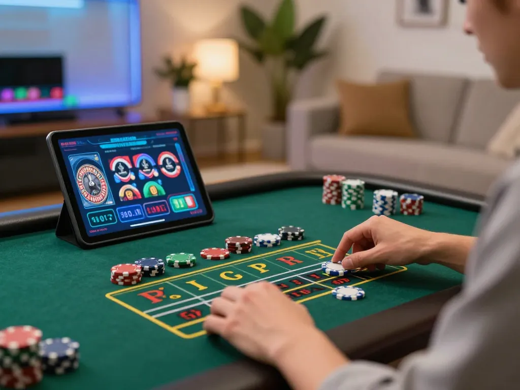 Engaging online gambling experience at https://bl555.agency/, placing bets on live dealer roulette in a cozy home setting