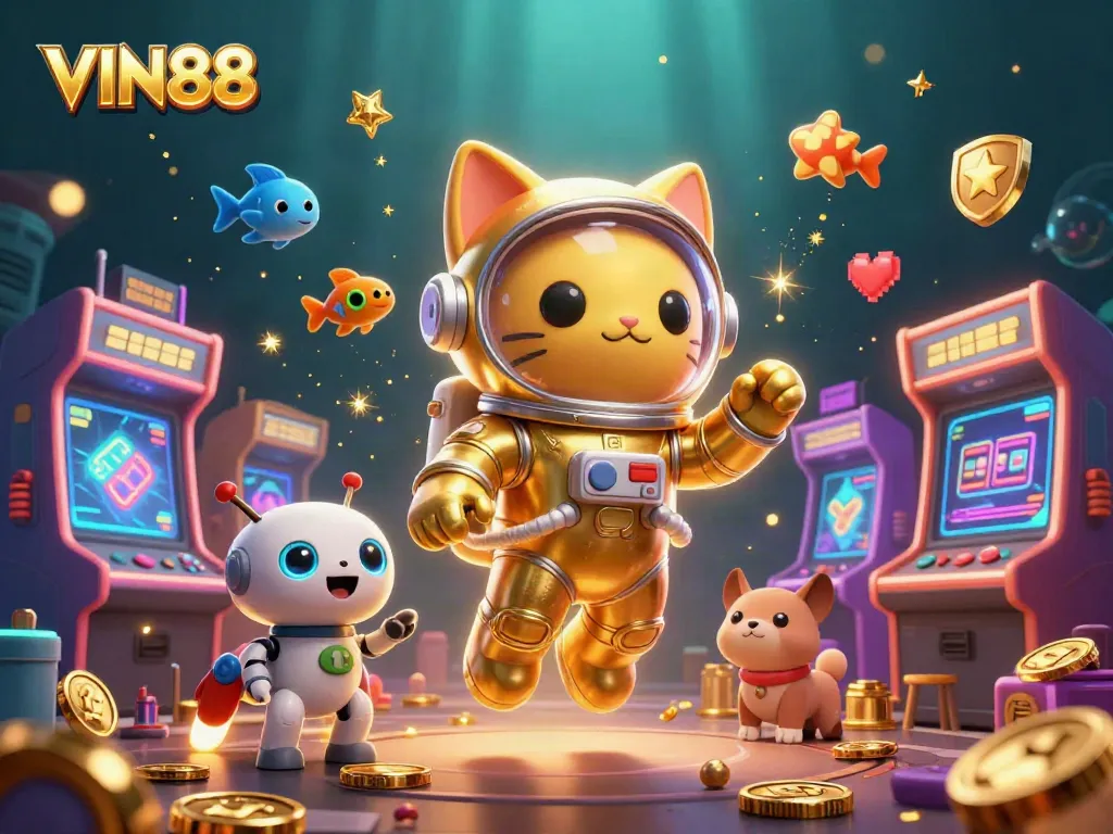 Engage with VIN88's vibrant gaming universe, featuring a cosmic cat and retro arcade elements.