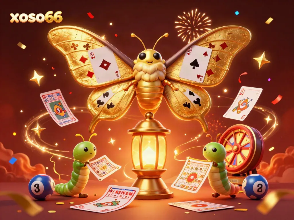 Engage with xoso66's vibrant lottery world featuring colorful bingo elements and a majestic atlas moth.