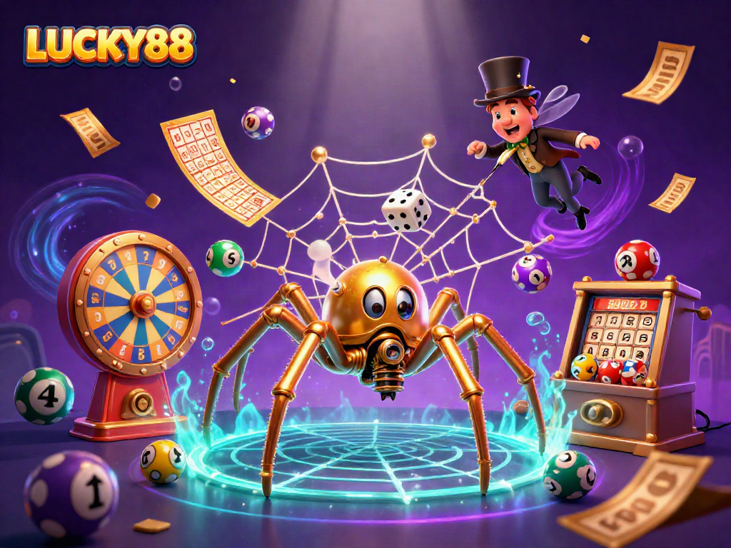 Experience LUCKY88's exciting jackpot opportunities with vibrant casino-themed illustrations.