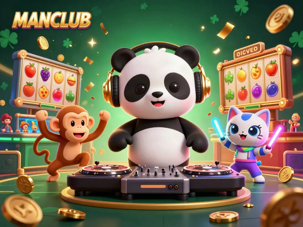 Engage with MANCLUB's vivid slots scene featuring characters enjoying casino thrills and dynamic elements.