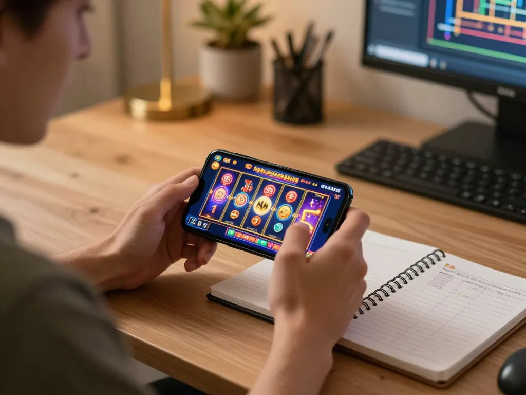 Permainan menarik di aplikasi kasino seluler ap686 dengan grafis slot yang berwarna-warni dan catatan strategis.