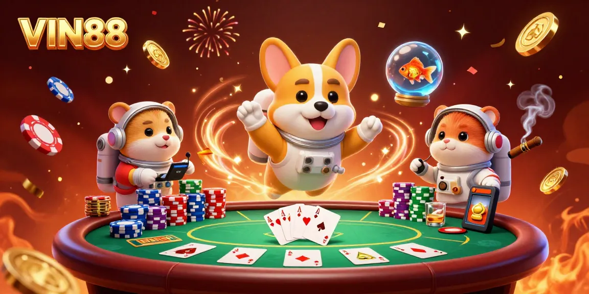 Experience the excitement of VIN88 through vibrant 3D casino art featuring a floating astronaut corgi.