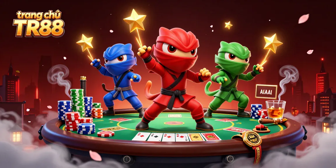 Action-packed illustration of trang chủ TR88 showcasing ninja chameleons amidst poker elements, symbolizing thrills and strategy.