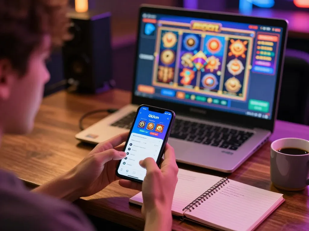 Engaging in mobile gaming with Okfun app on smartphone, showcasing a cozy online casino environment.