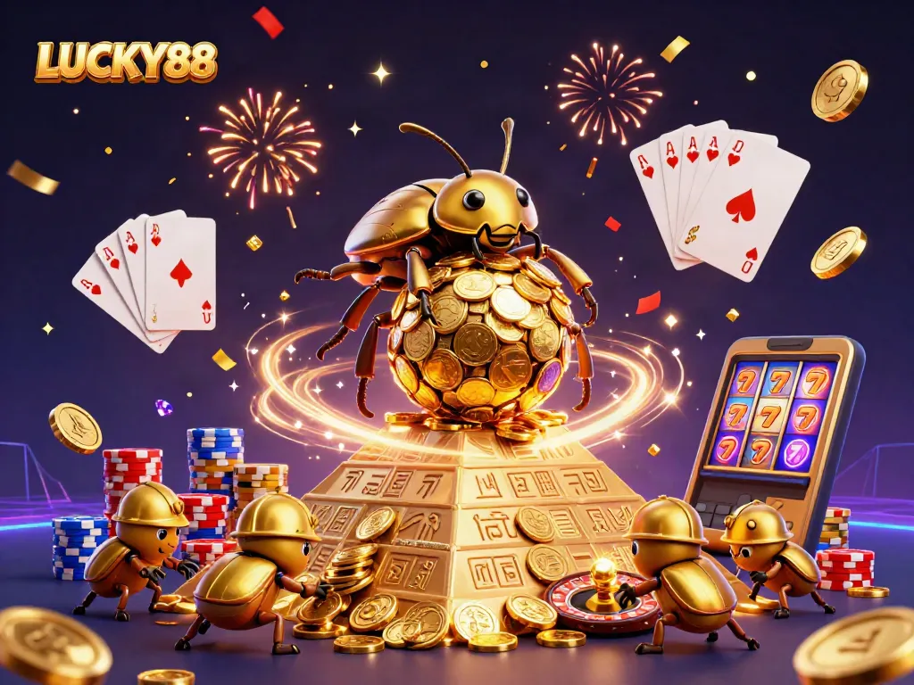LUCKY88 showcases a vibrant casino scene with golden coins, beetles, and card gameplay excitement.