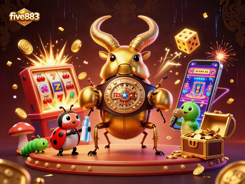Experience thrilling adventures at five883 with a golden stag beetle boxing champion in a vivid casino scene.