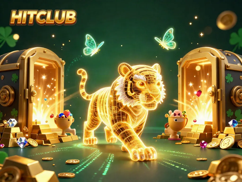 Win big at HITCLUB with the golden tiger illuminated in a vibrant digital casino.