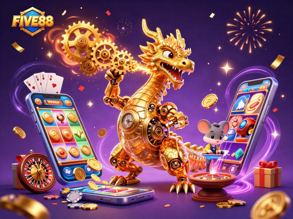 Experience the thrilling world of FIVE88 with vibrant slot games, golden coins, and dynamic casino elements.
