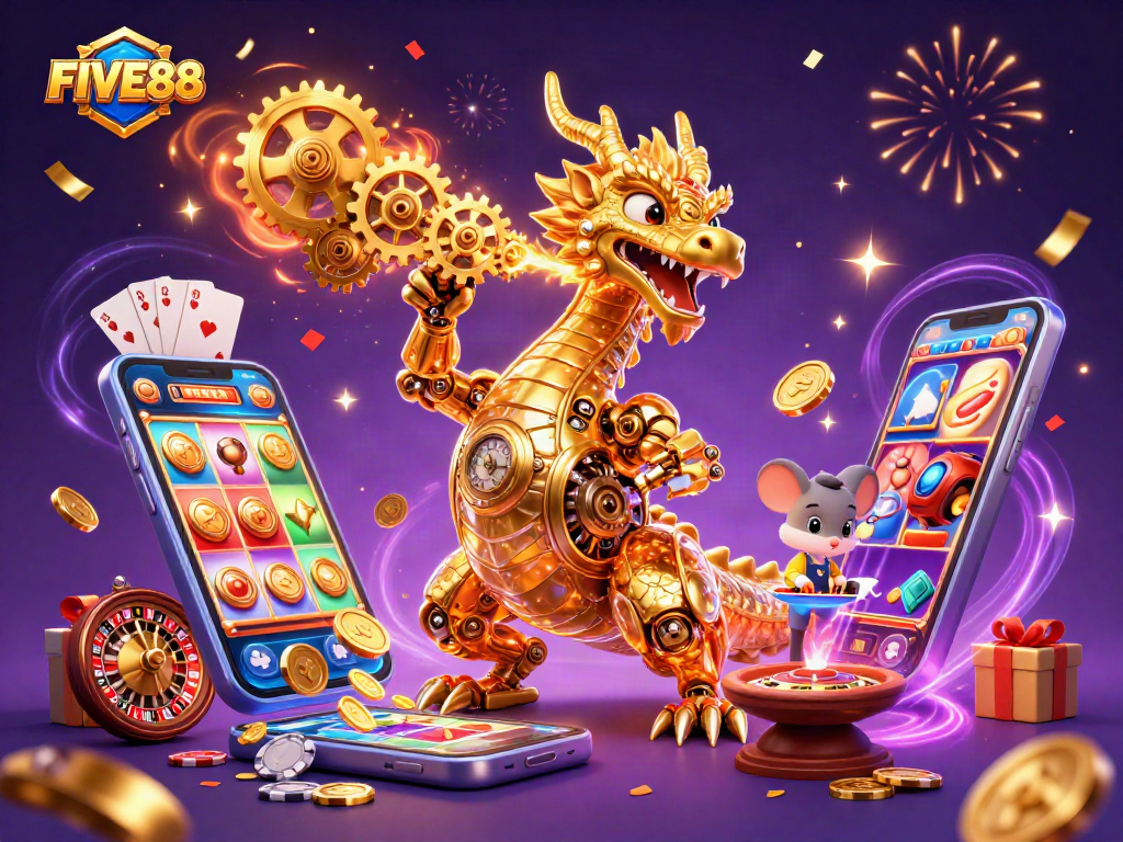 Experience the thrilling world of FIVE88 with vibrant slot games, golden coins, and dynamic casino elements.
