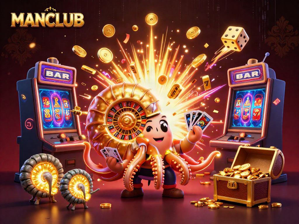 Engaging scene with MANCLUB's glamorous gambling elements, featuring a giant nautilus roulette wheel.