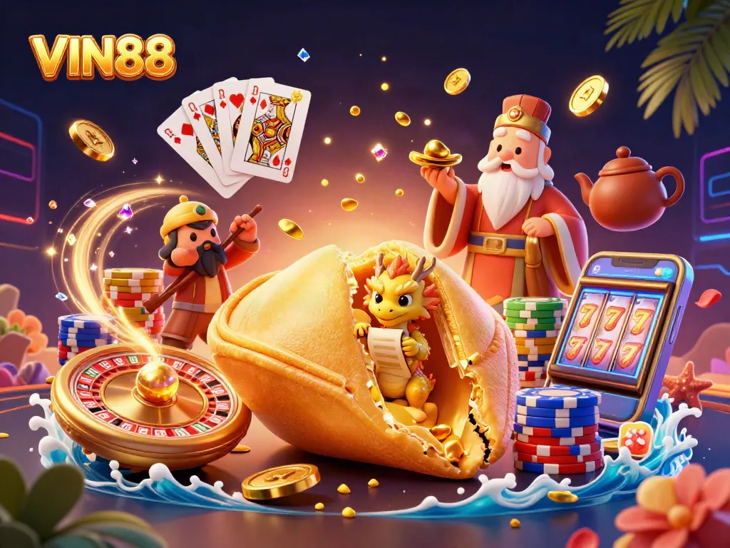 Win big with VIN88: A dynamic 3D casino scene featuring golden elements and a wise dragon.