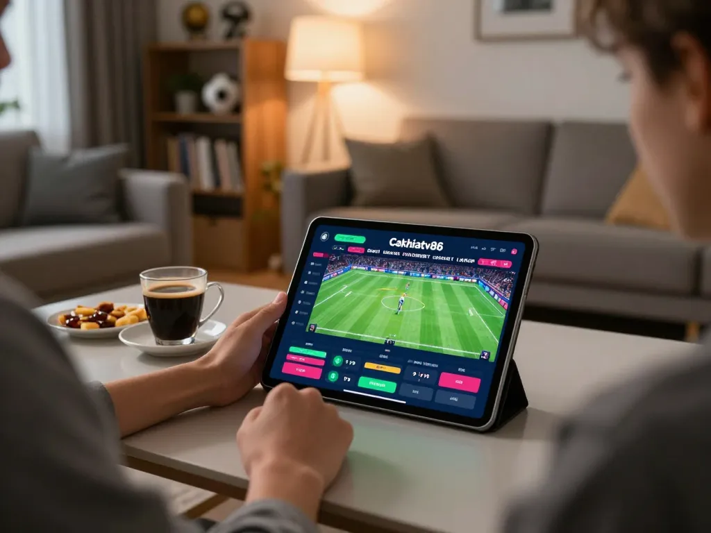 Engaging user placing sports bets on Cakhiatv86 tablet with warm lighting and snacks visible.