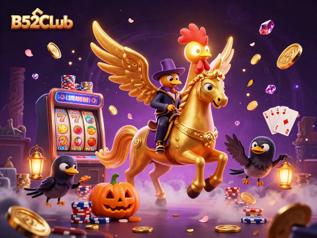 B52CLub's thrilling casino adventure showcases a golden rooster and magical elements in a vibrant scene.