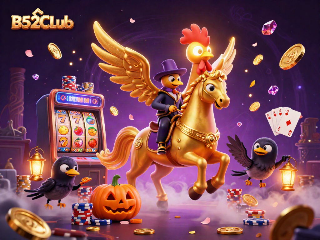 B52CLub's thrilling casino adventure showcases a golden rooster and magical elements in a vibrant scene.