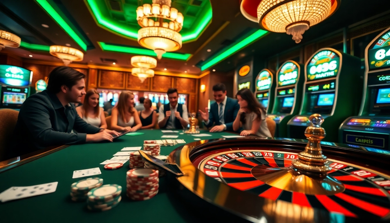 Players enjoying table games at an upscale casino, featuring OK8386 branding and dynamic gaming elements.