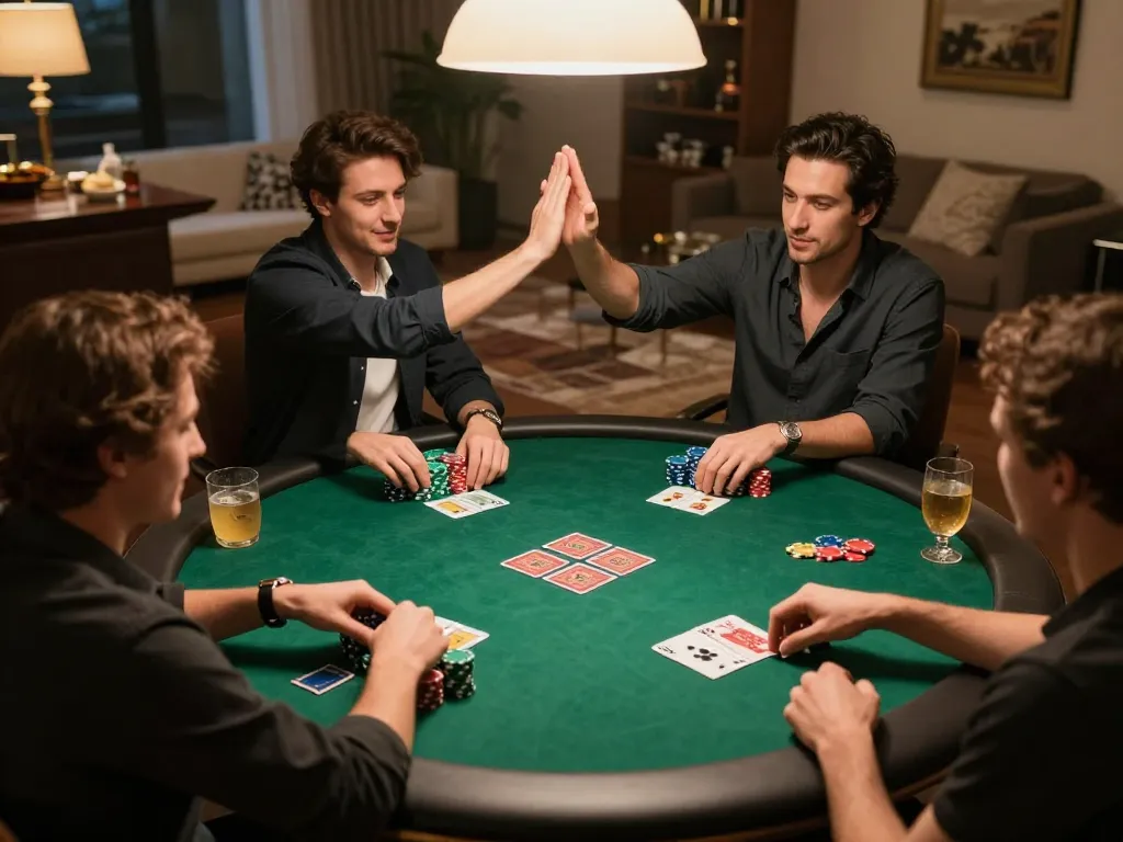 Players strategizing in an exciting poker game at home, showcasing the thrill of gambling at https://da88.navy/ with vibrant chips and cards.