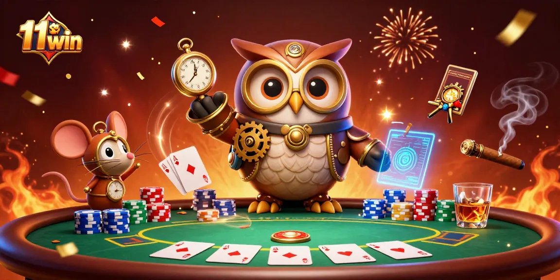 Experience thrilling poker action with 11 win, featuring a time-traveling owl in a vibrant casino.