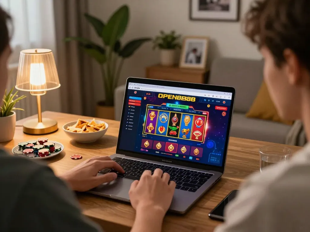 Engaging in online gambling at OPEN888 with a laptop and cozy home ambiance.