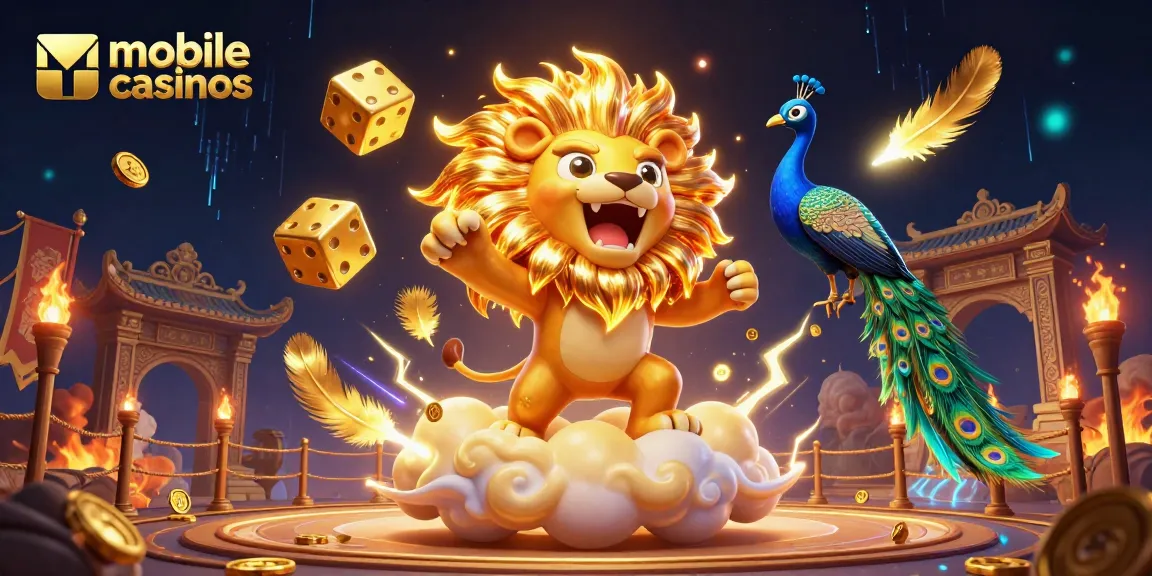 Engage in vibrant mobile casinos with a roaring lion and dazzling golden dice in this illustrated scene.