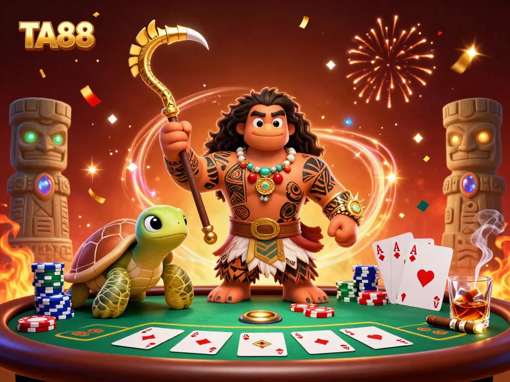 Experience the thrill of TA88 with a vibrant poker scene showcasing a Maui-style demigod.
